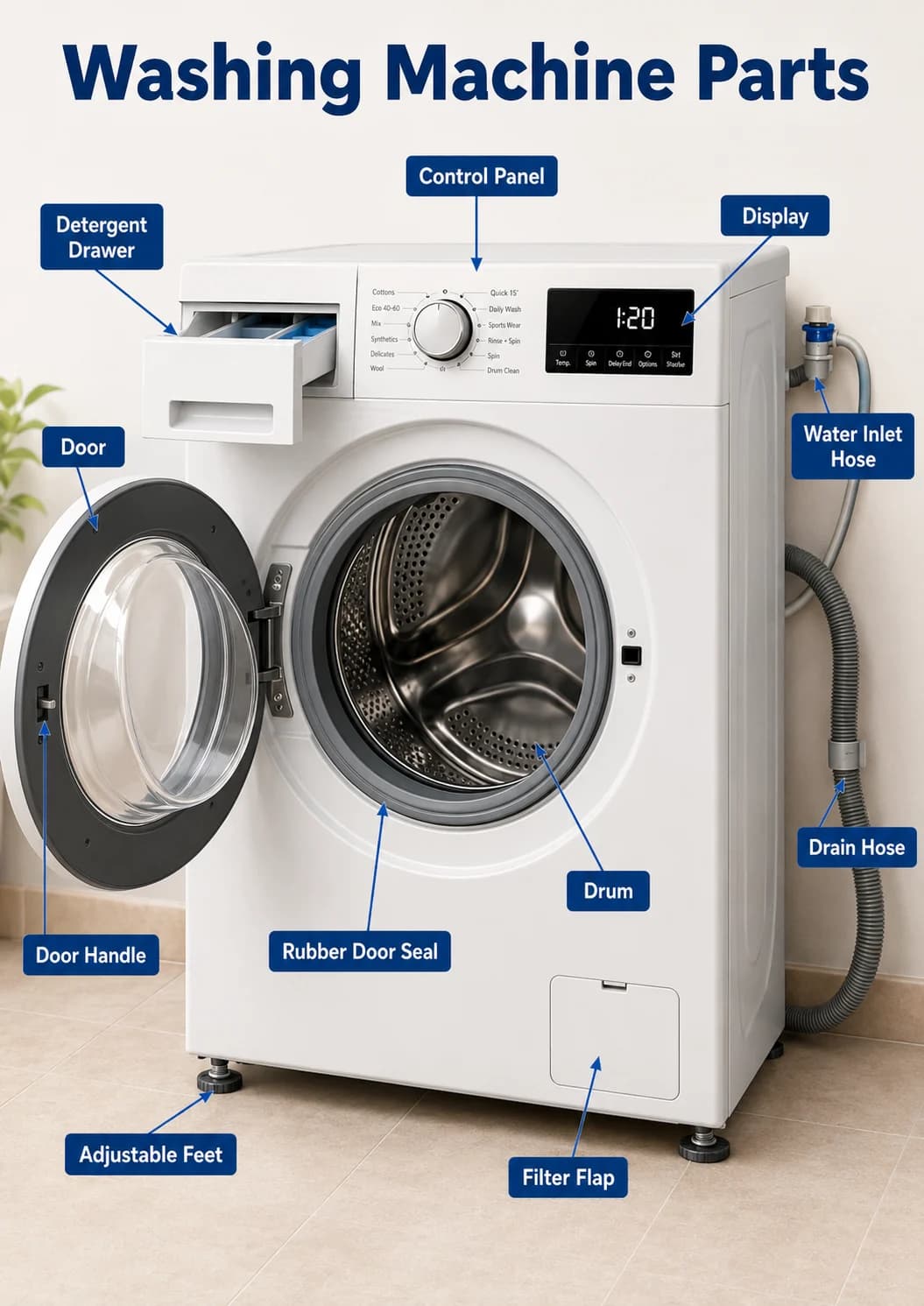 Washing machine parts infographic poster showing Washing Machine Parts for Home Appliances.