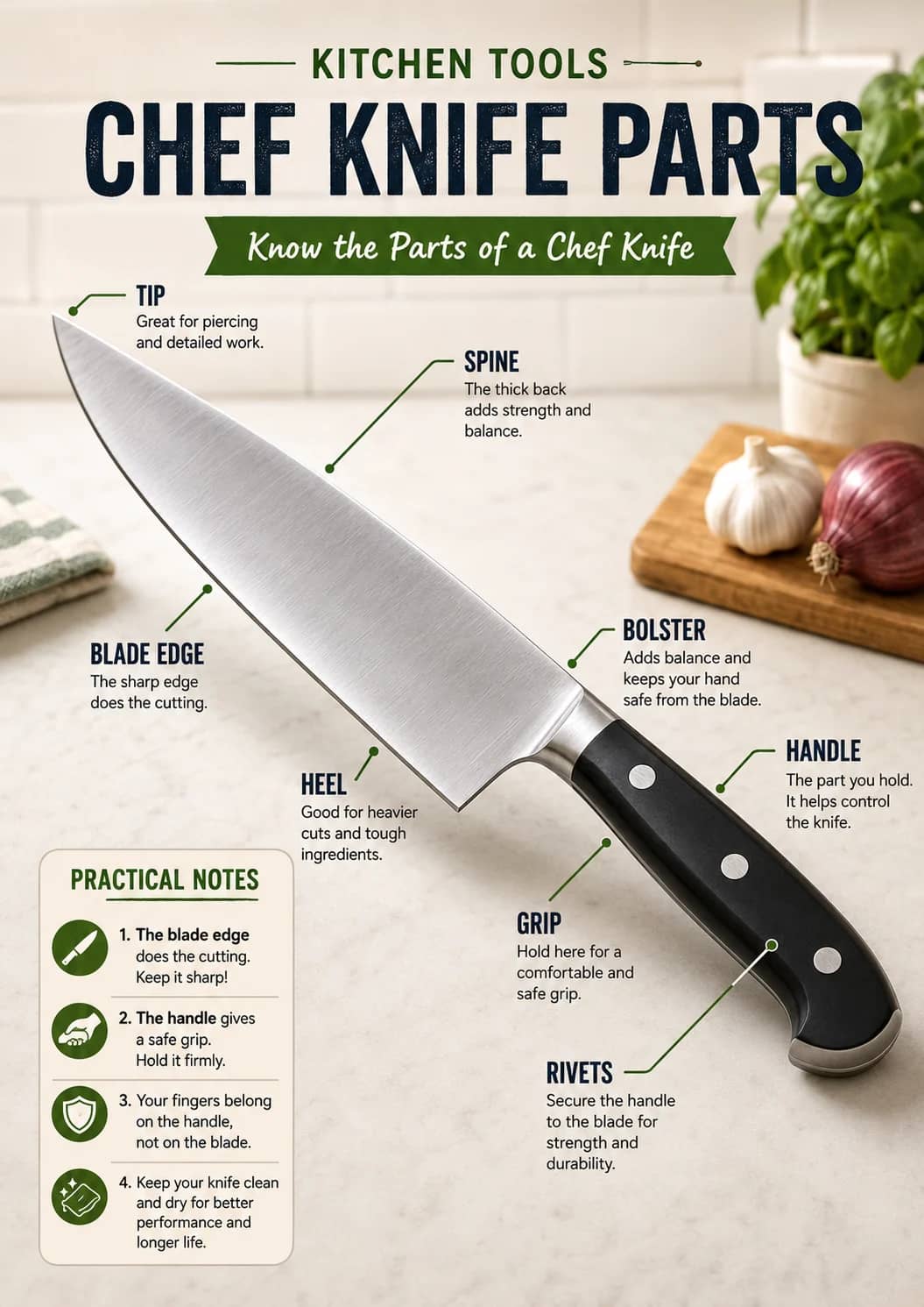 Chef knife parts infographic poster showing Know the Parts of a Chef Knife, TIP, Great for piercing and detailed work., BLADE EDGE and The...