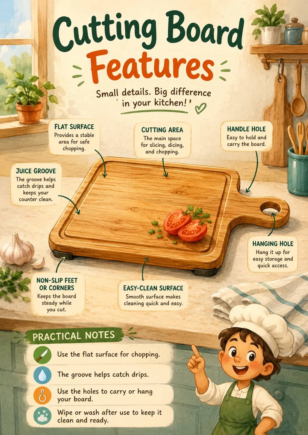 Cutting board features infographic poster showing Small details. Big difference in your kitchen!, FLAT SURFACE, Provides a stable area for...