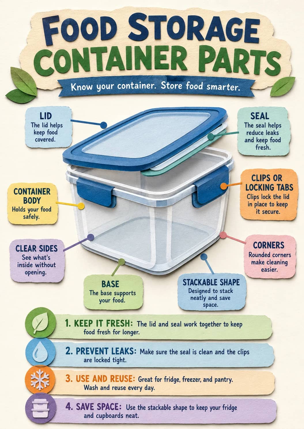 Food Storage infographic poster showing CONTAINER PARTS, Know your container. Store food smarter., LID, The lid helps and keep food for...