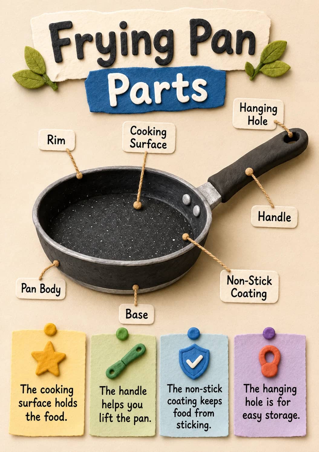 Frying Pan infographic poster showing Rim, Cooking, Surface, Hanging and Hole for Kitchen Tools.