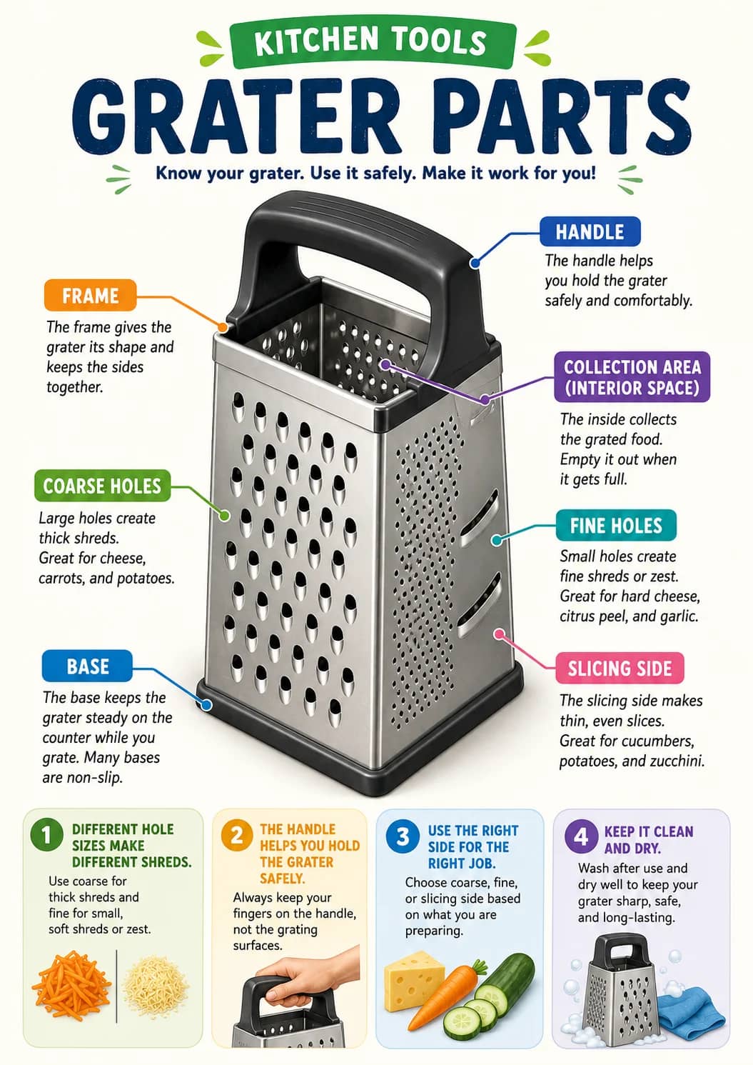 Grater parts infographic poster showing Know your grater. Use it safely. Make it work for you!, DIFFERENT HOLE SIZES MAKE DIFFERENT...