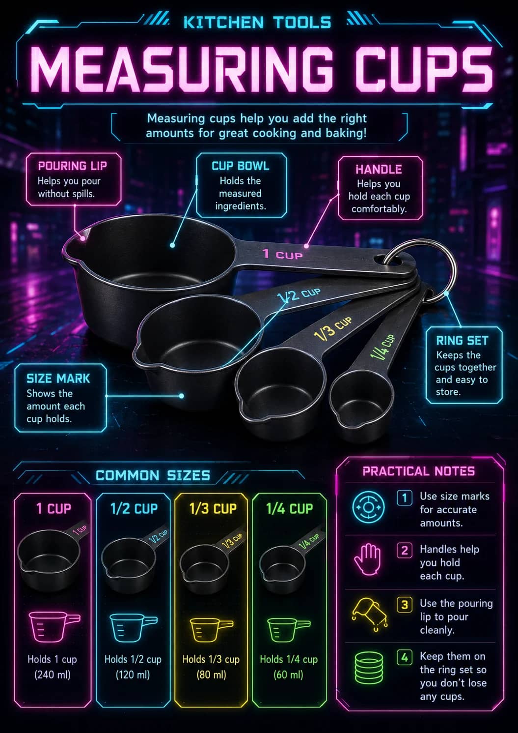 Measuring cups infographic poster showing Measuring cups help you add the right amounts for great cooking and baking!, COMMON SIZES,...