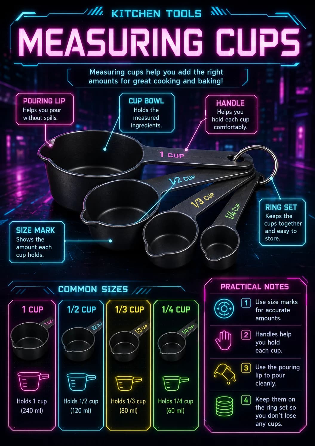 Measuring cups infographic poster showing Measuring cups help you add the right amounts for great cooking and baking!, COMMON SIZES,...
