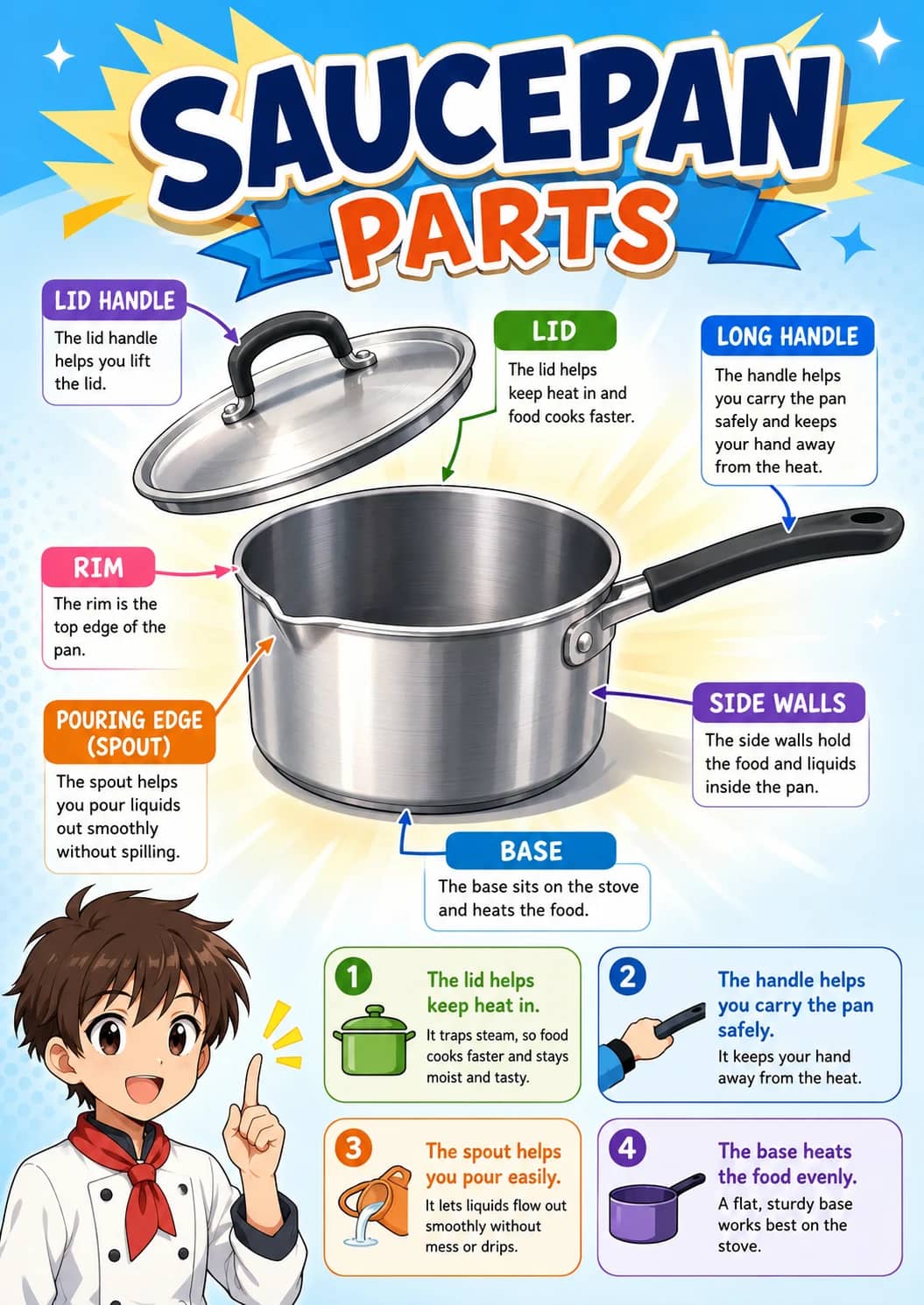 Saucepan parts infographic poster showing LID HANDLE, The lid handle helps you lift the lid., LID, The lid helps keep heat in and food...