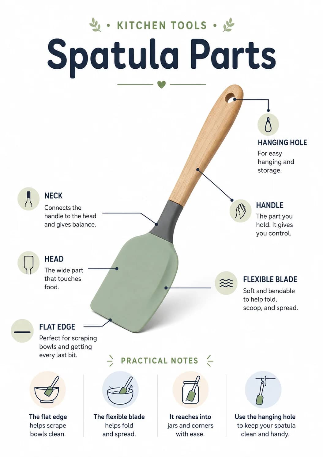 Spatula parts infographic poster showing • KITCHEN TOOLS •, HANGING HOLE, For easy, hanging and and storage. for Kitchen Tools.