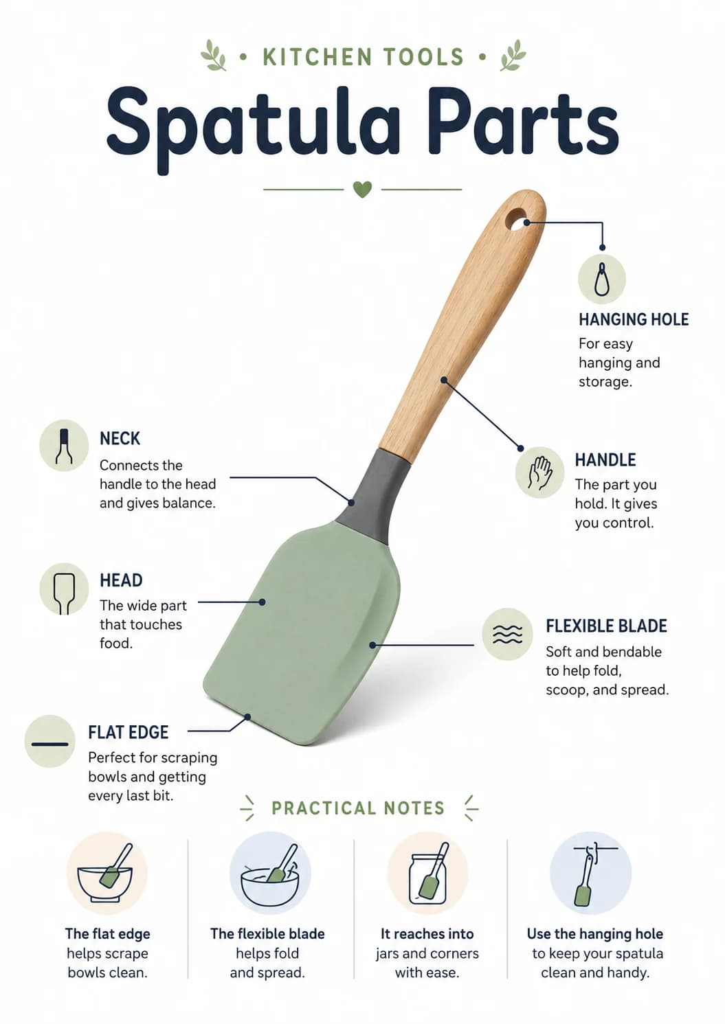 Spatula parts infographic poster showing • KITCHEN TOOLS •, HANGING HOLE, For easy, hanging and and storage. for Kitchen Tools.