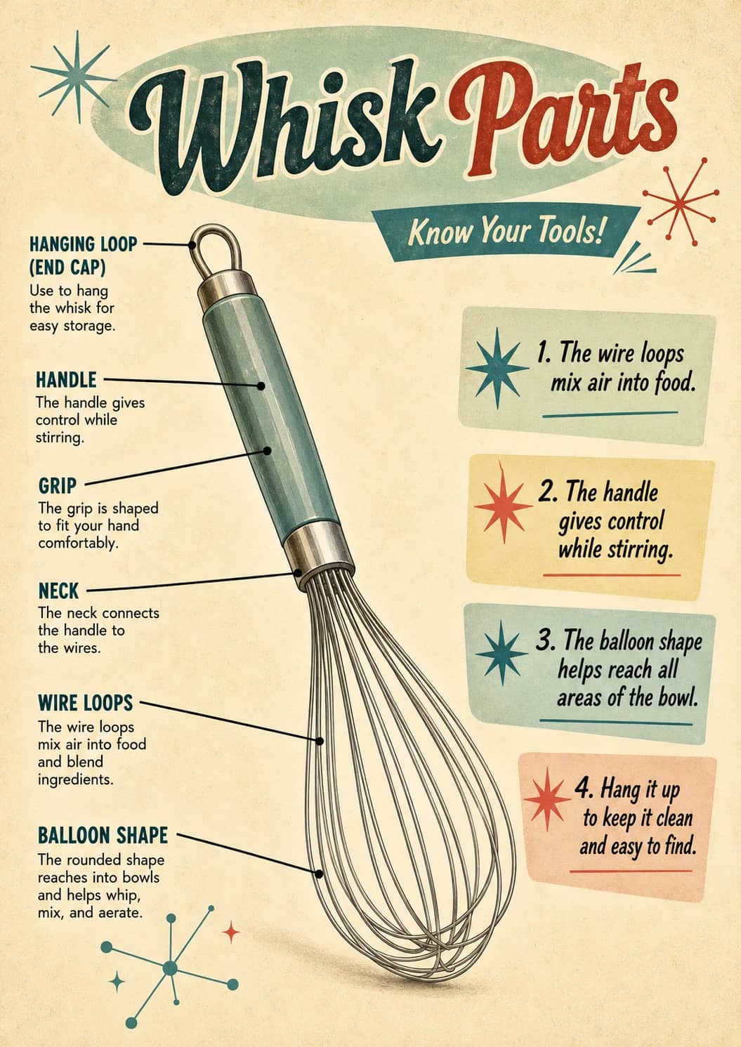 Whisk parts infographic poster showing Know Your Tools!, HANGING LOOP, Use to hang the whisk for easy storage., HANDLE and The handle...
