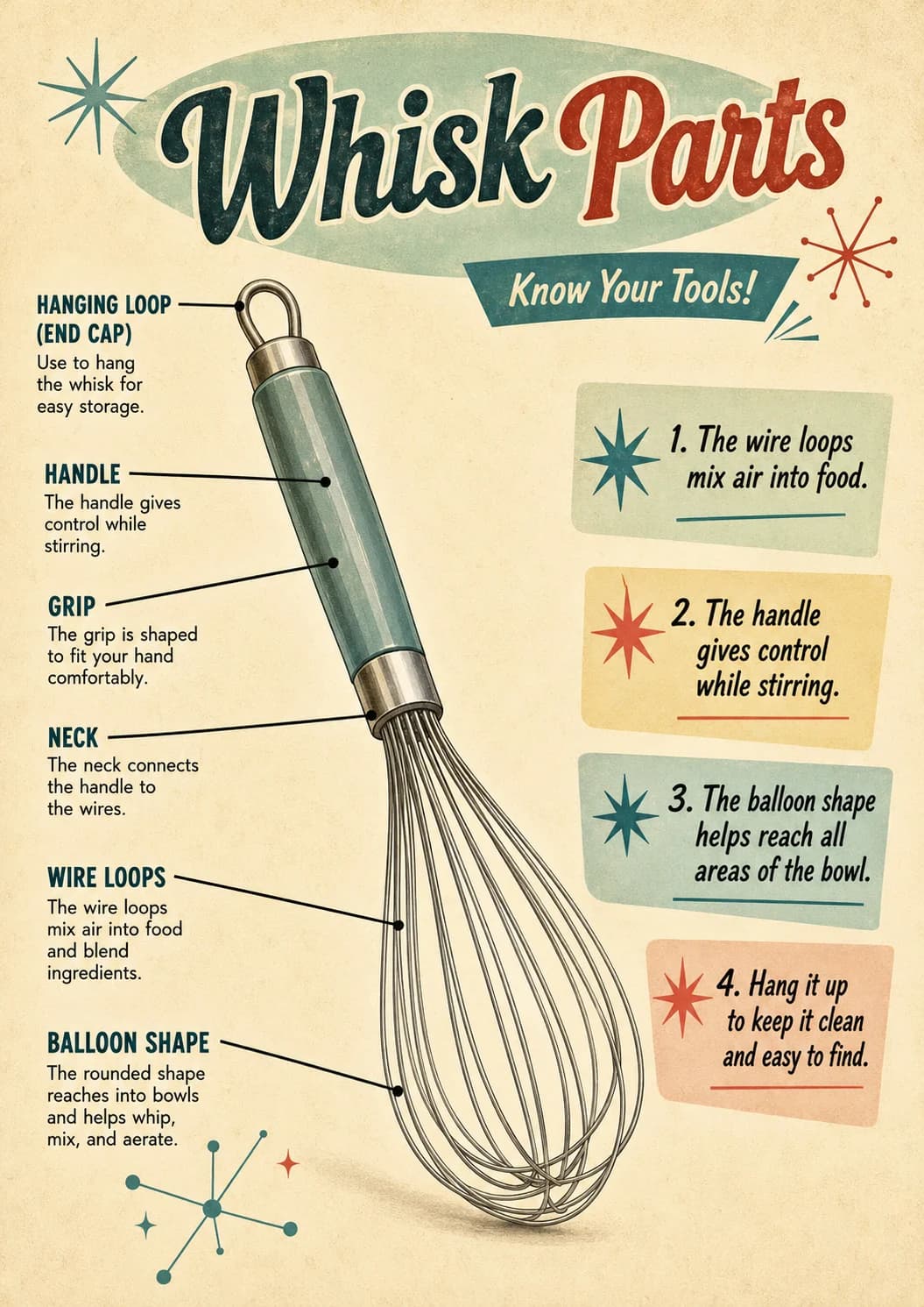 Whisk parts infographic poster showing Know Your Tools!, HANGING LOOP, Use to hang the whisk for easy storage., HANDLE and The handle...