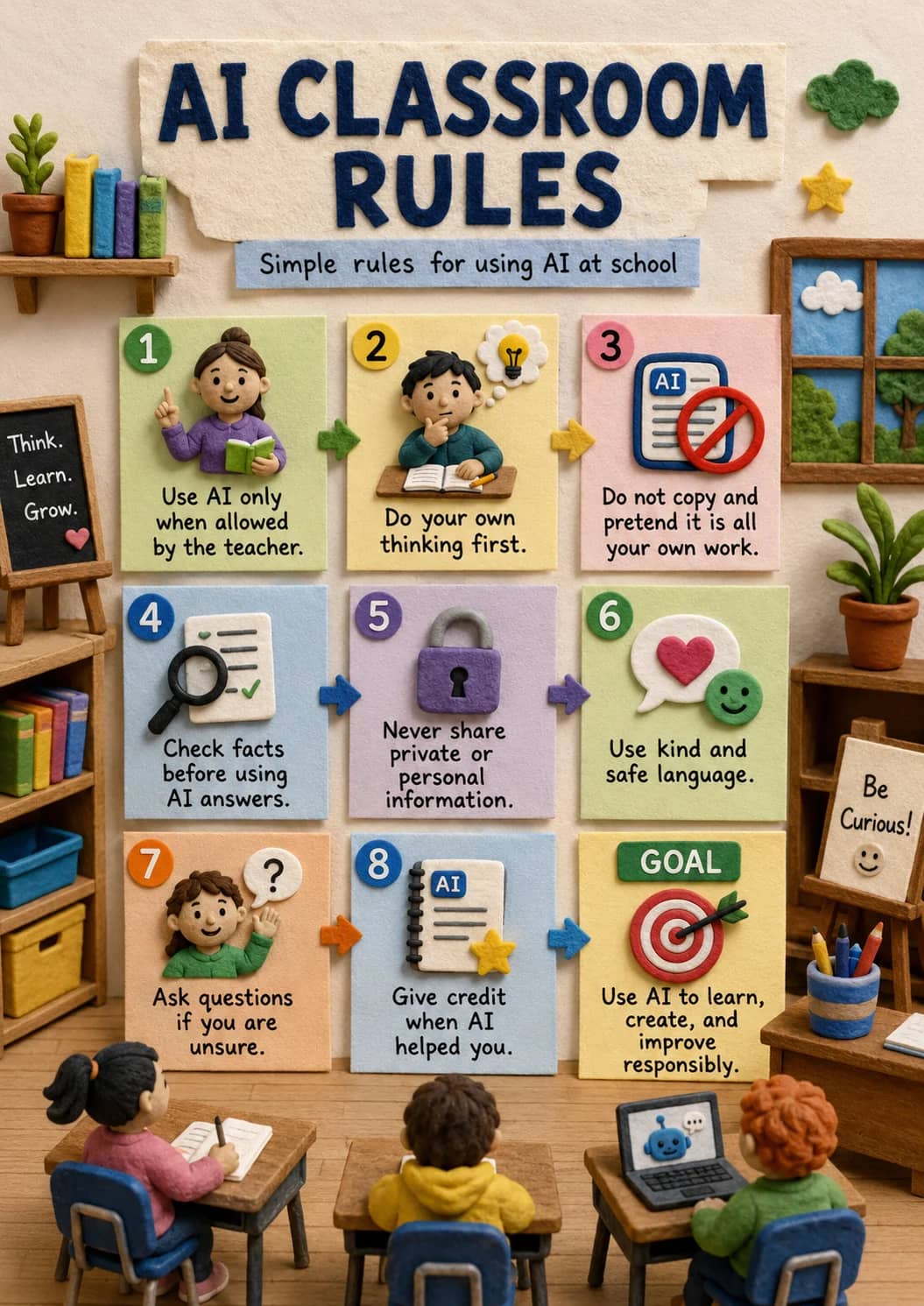 Ai Classroom Rules infographic poster showing Simple rules for using AI at school, Use AI only when allowed by the teacher., Do your own...