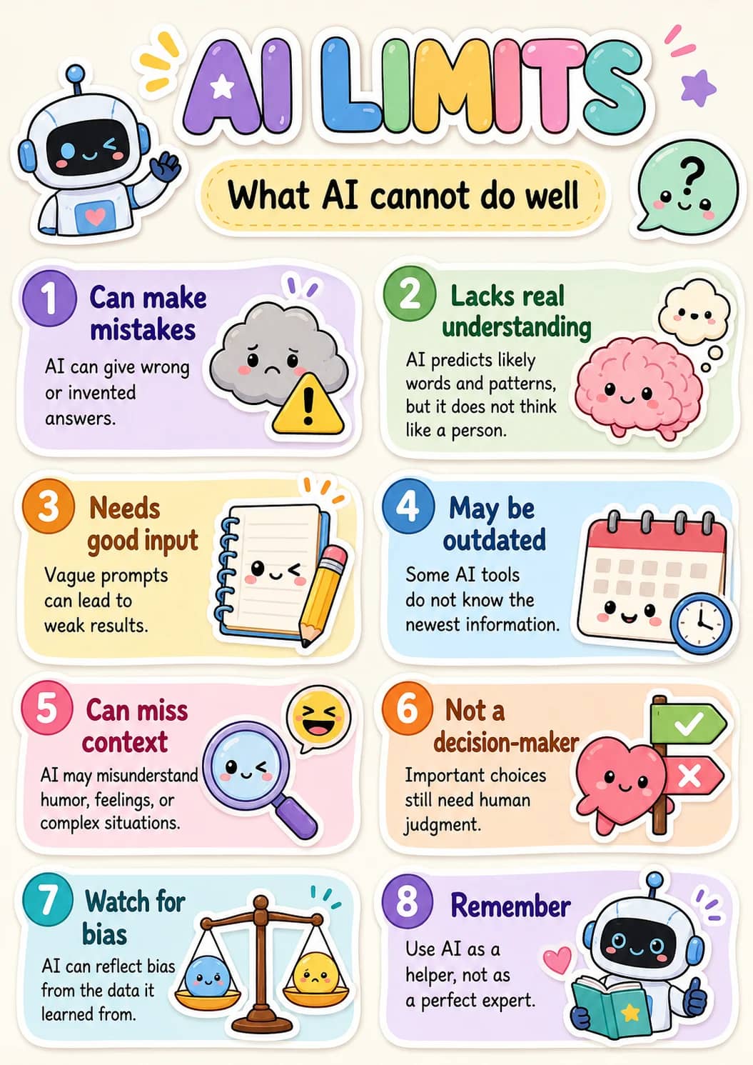 Ai Limits infographic poster showing What AI cannot do well, 1 Can make mistakes, AI can give wrong or invented answers., 2 Lacks real...