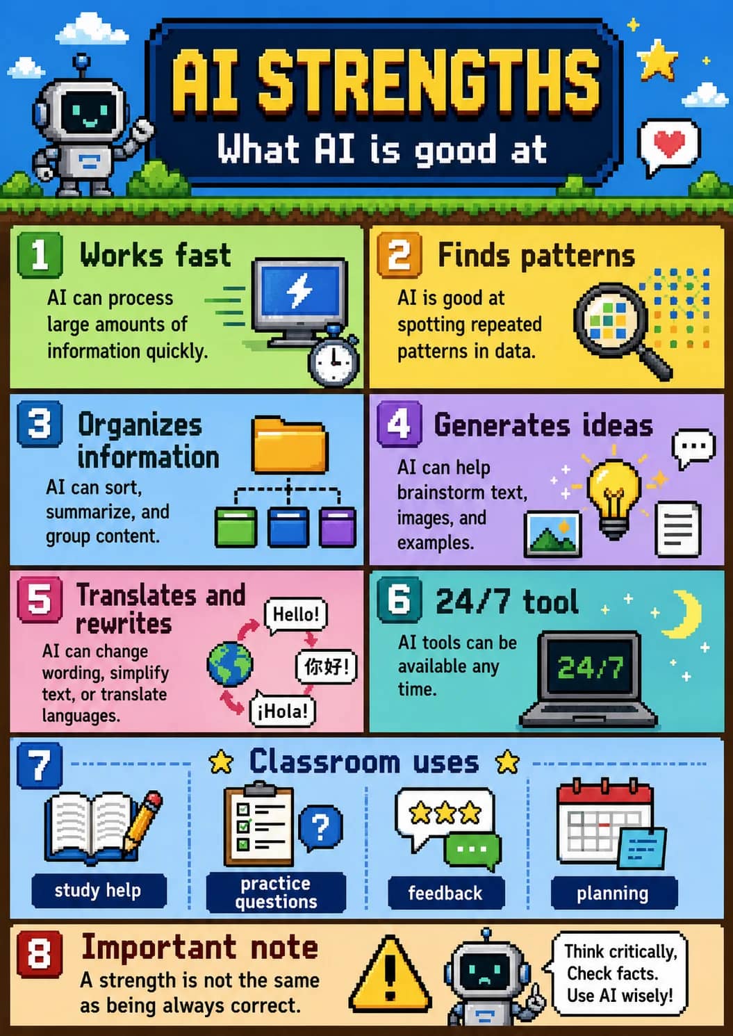 Ai Strengths infographic poster showing What AI is good at, 1 Works fast, AI can process large amounts of information quickly., 2 Finds...