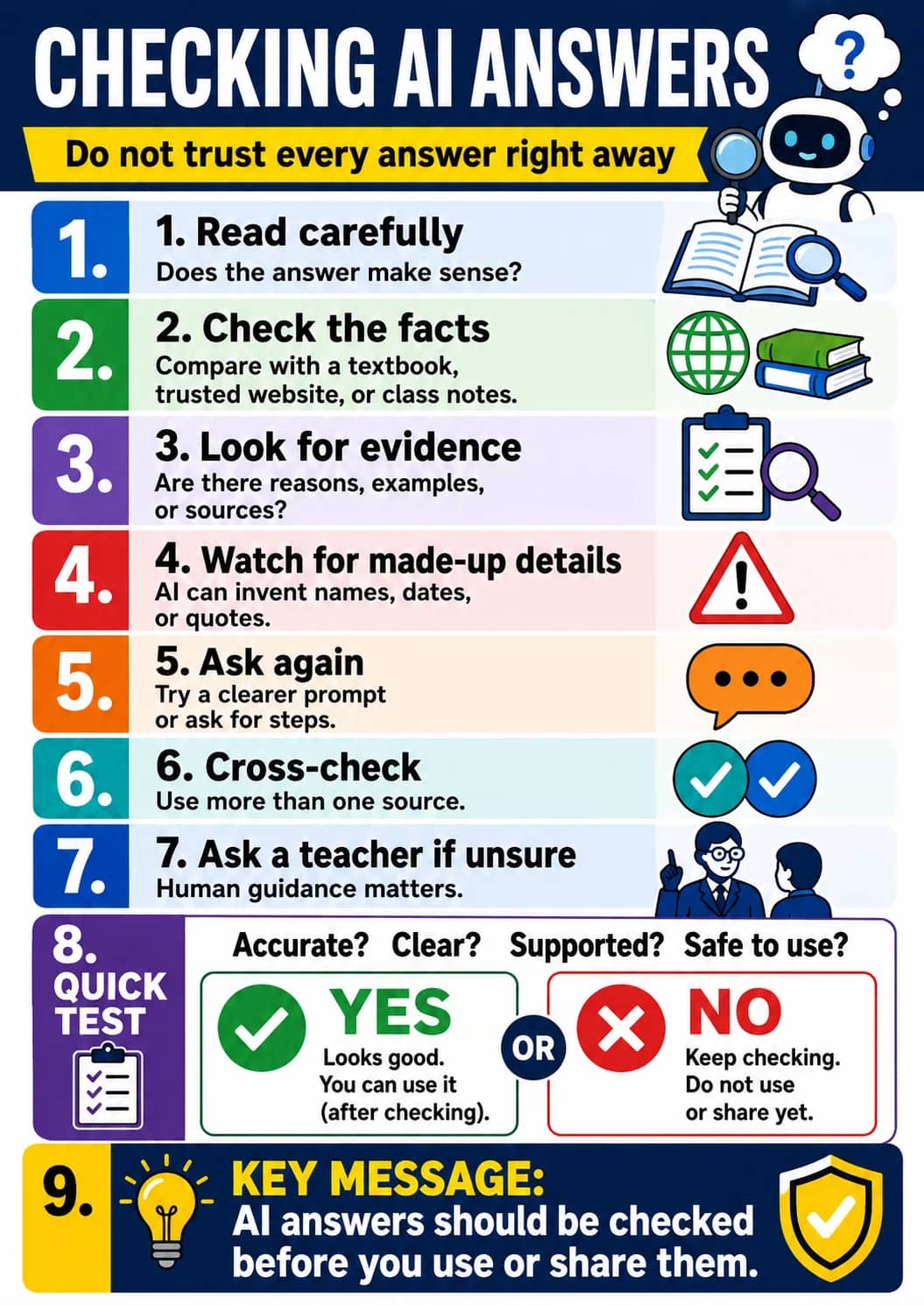 Checking Ai Answers infographic poster showing Do not trust every answer right away, 1. Read carefully, Does the answer make sense?, 2....