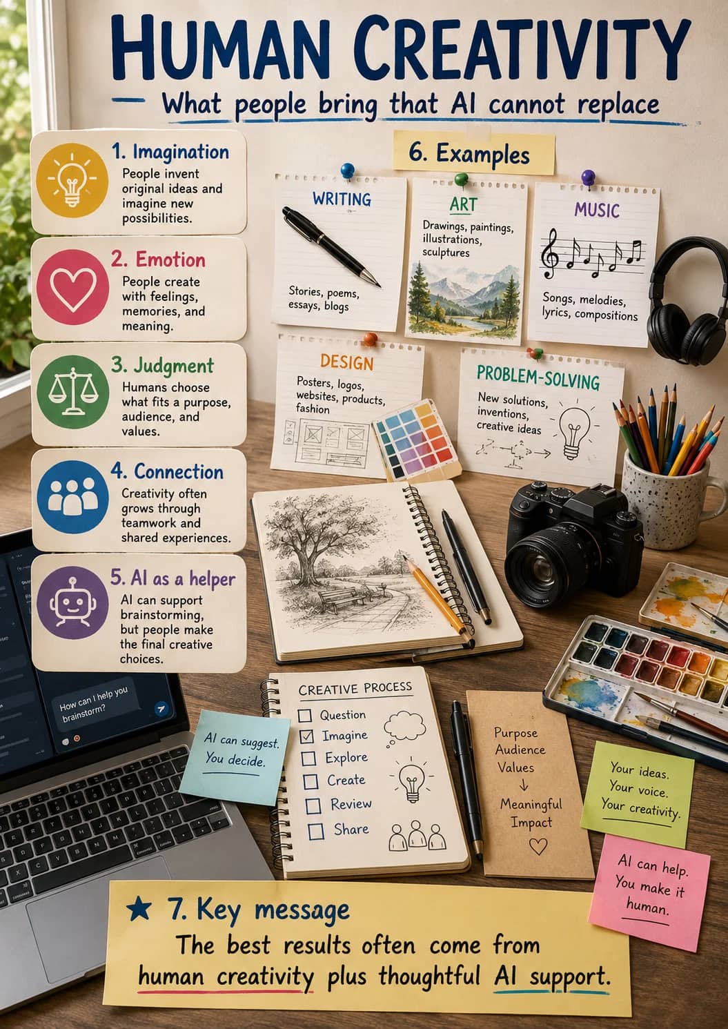 Human creativity infographic poster showing — What people bring that AI cannot replace, 1. Imagination, People invent original ideas and...