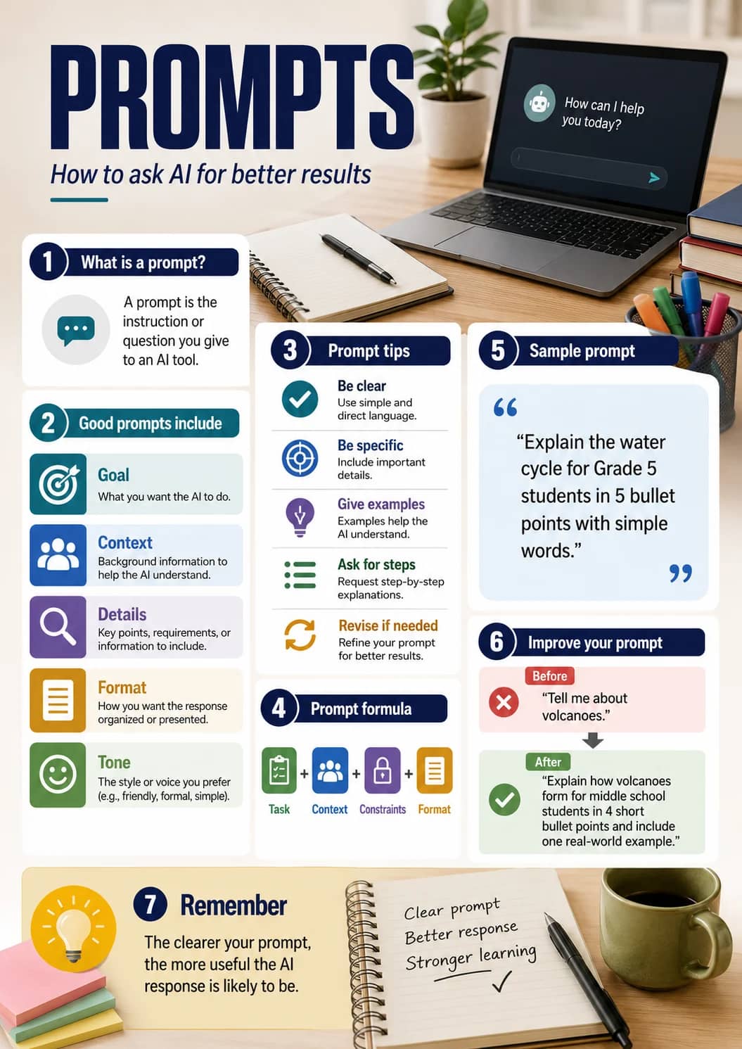 Prompts infographic poster showing How to ask AI for better results, How can I help you today?, 1 What is a prompt?, A prompt is the...