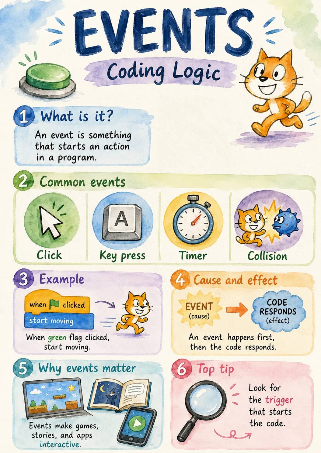 Events infographic poster showing 1 What is it?, An event is something that starts an action in a program., 2 Common events, Click and Key...
