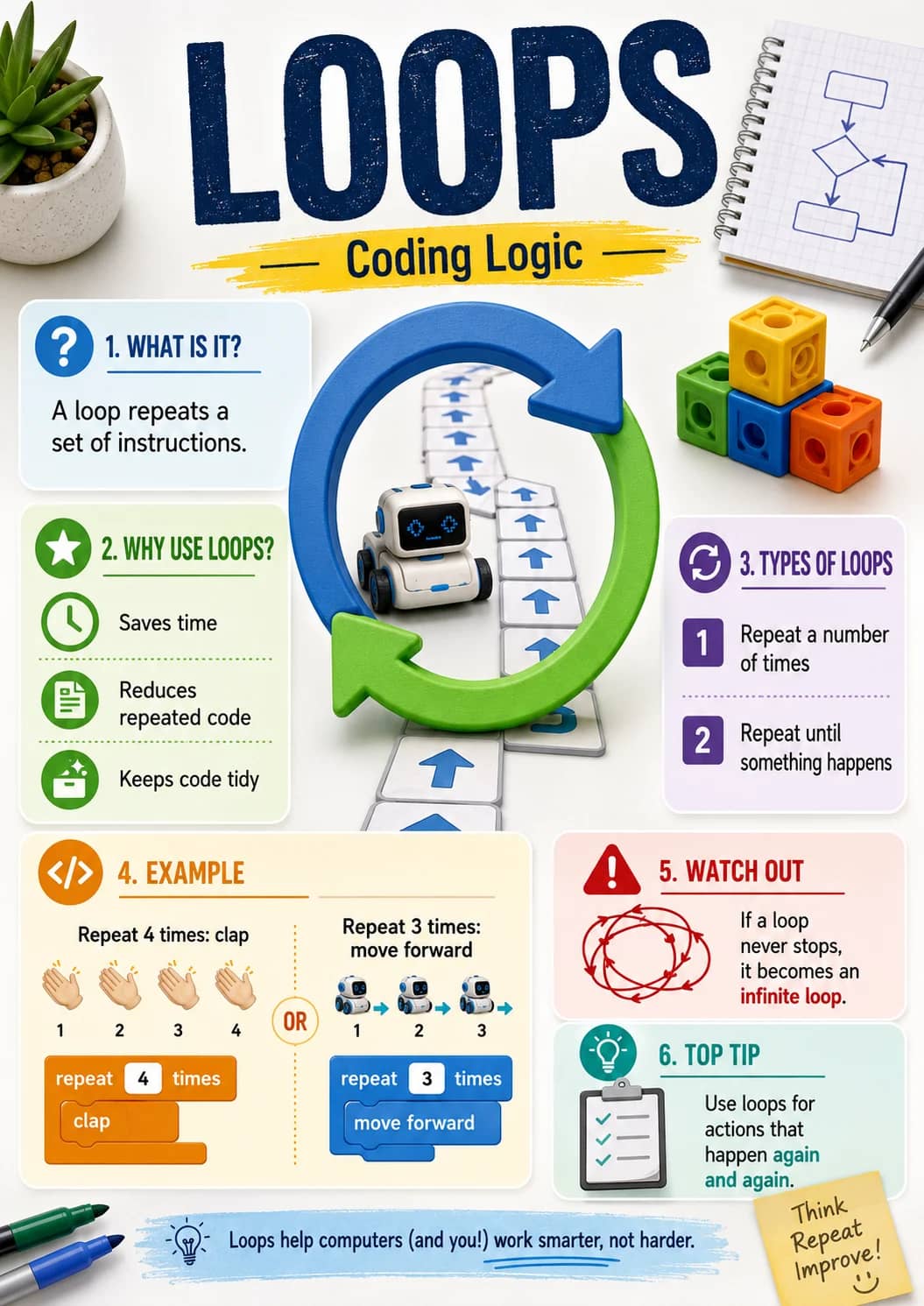 Loops infographic poster showing 1. WHAT IS IT?, A loop repeats a set of instructions., 2. WHY USE LOOPS?, Saves time and Reduces repeated...