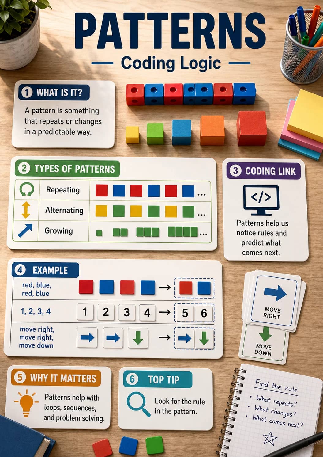 Patterns infographic poster showing — Coding Logic —, 1 WHAT IS IT?, A pattern is something that repeats or changes in a predictable way.,...