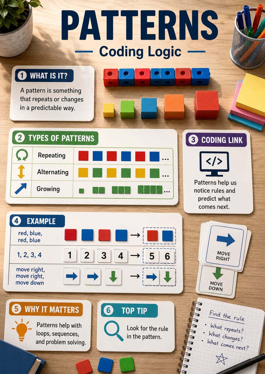 Patterns infographic poster with clear labels for Coding Logic.