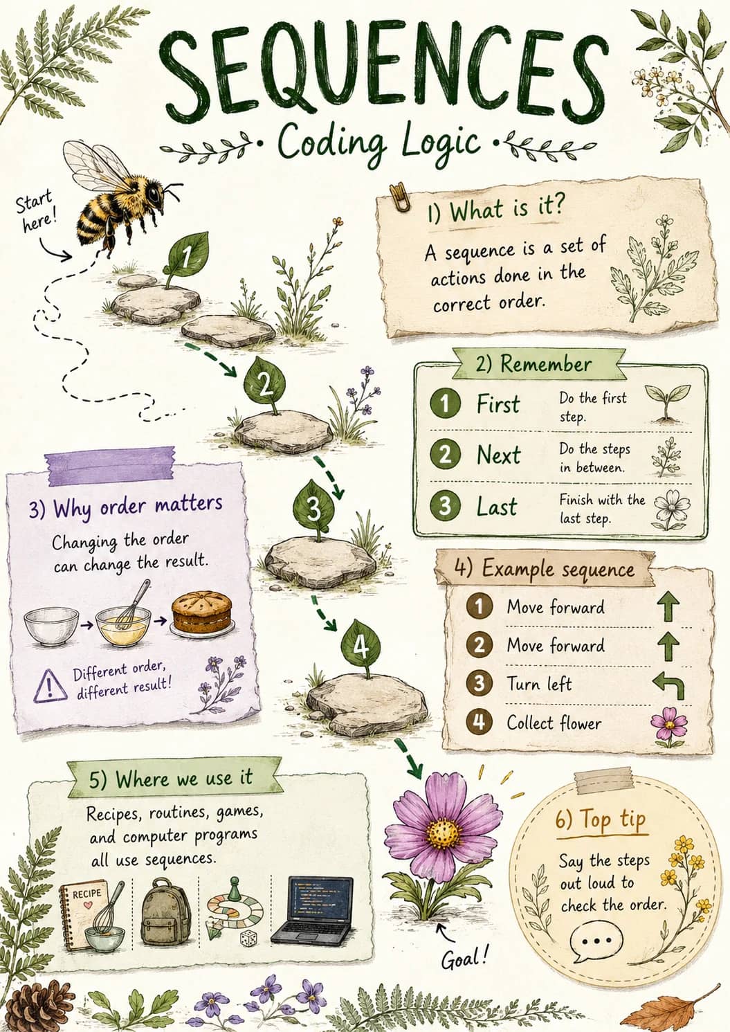 Sequences infographic poster showing Start here!, 3) Why order matters, Changing the order can change the result., Different order,...