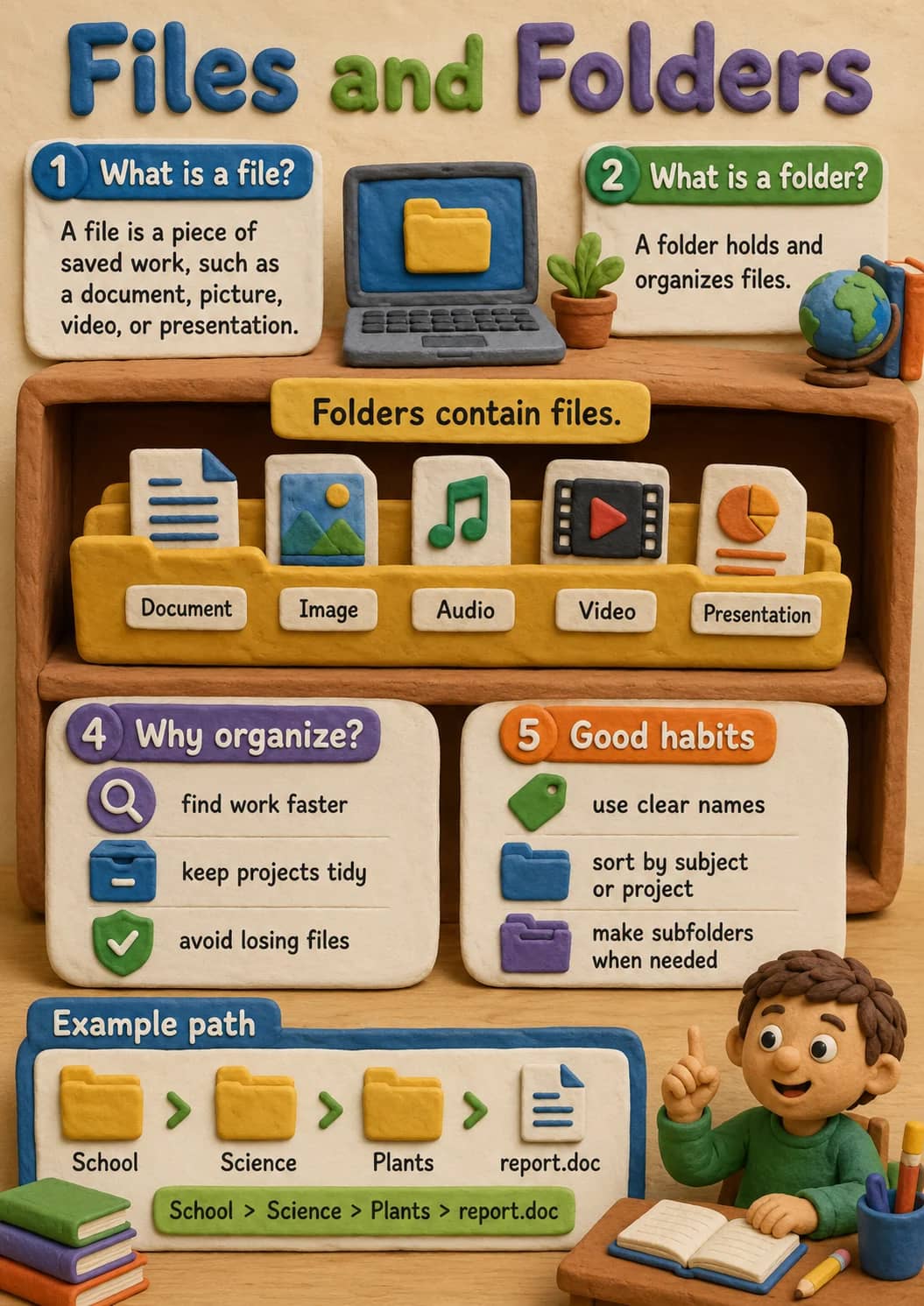 Files and Folders infographic poster showing 1 What is a file?, 2 What is a folder?, A folder holds and organizes files., Folders contain...