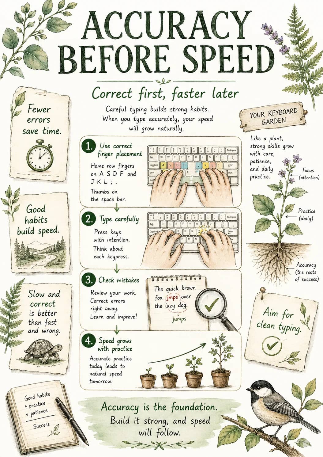 Accuracy infographic poster showing BEFORE SPEED, Correct first, faster later, Careful typing builds strong habits., When you type...