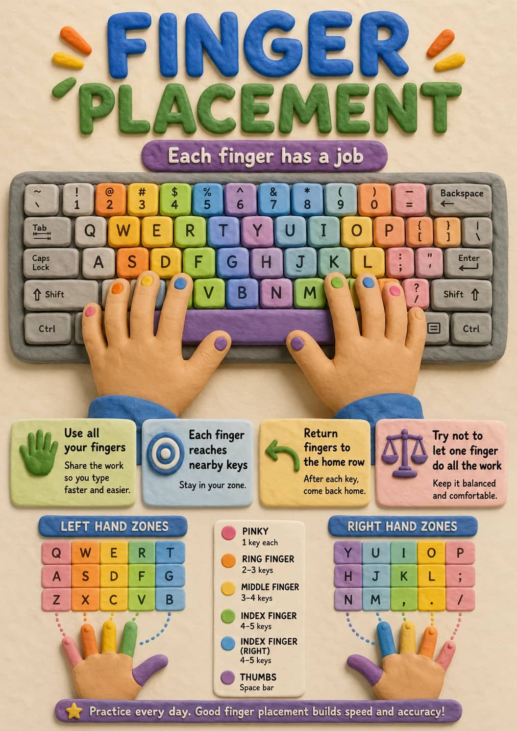 Finger Placement infographic poster showing Each finger has a job, Use all your fingers, Share the work so you type faster and easier.,...