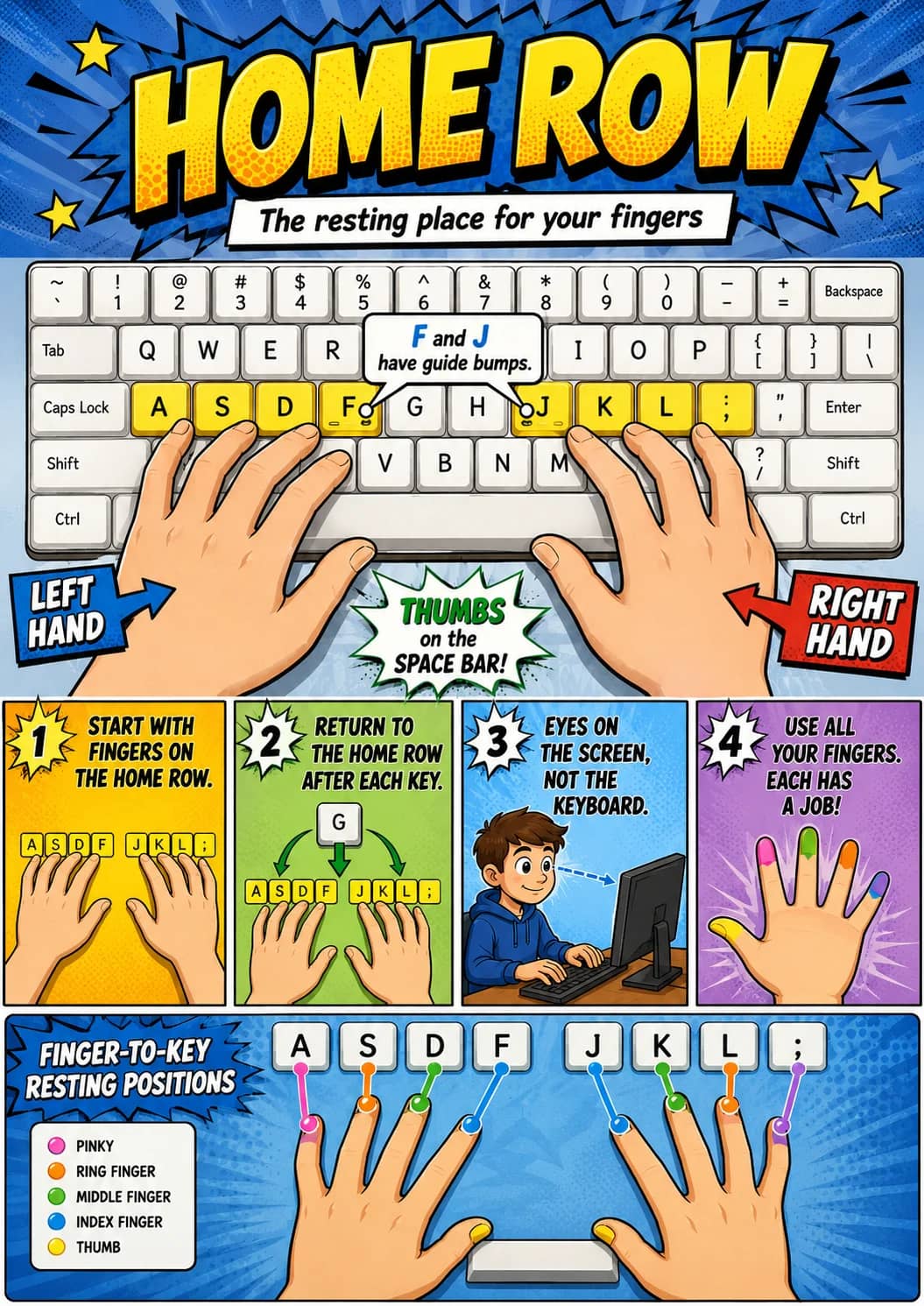 Home Row infographic poster showing The resting place for your fingers for Keyboarding.