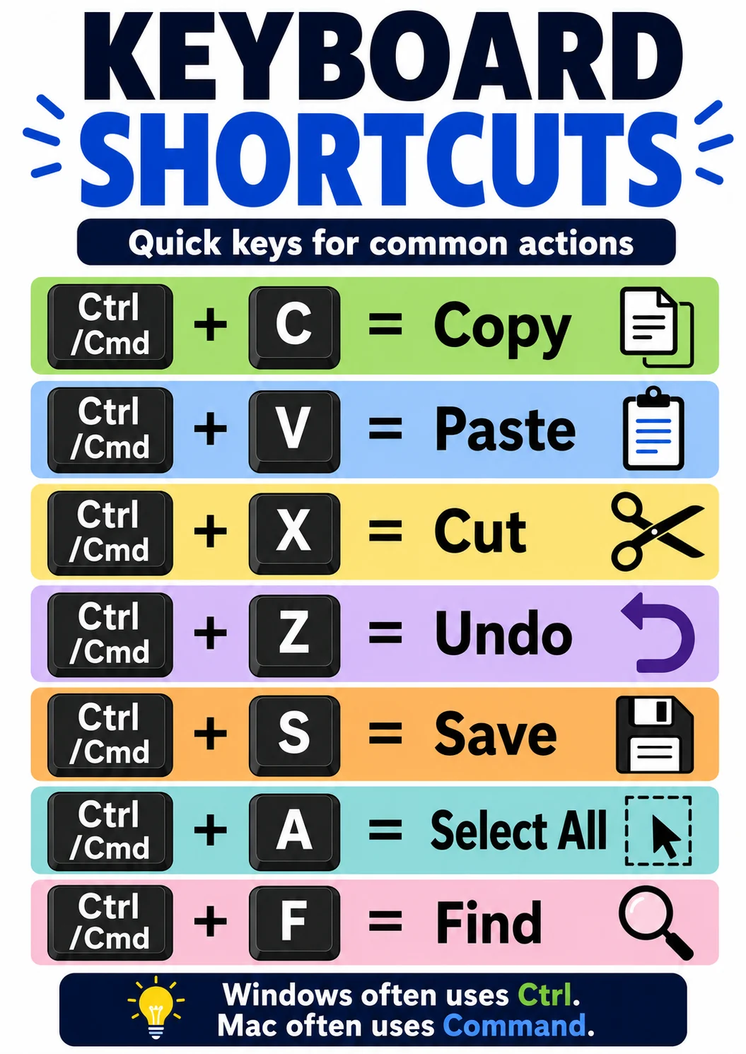 Keyboard Shortcuts infographic poster showing Quick keys for common actions, Ctrl, /Cmd, Copy and Paste for Keyboarding.