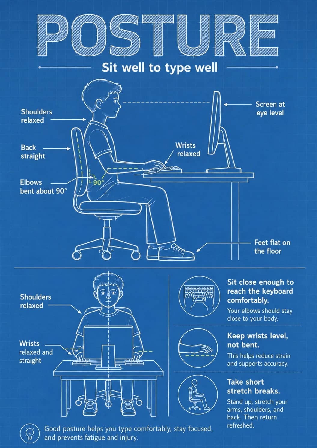 Posture infographic poster showing Sit well to type well, Sit close enough to reach the keyboard comfortably., Your elbows should stay...