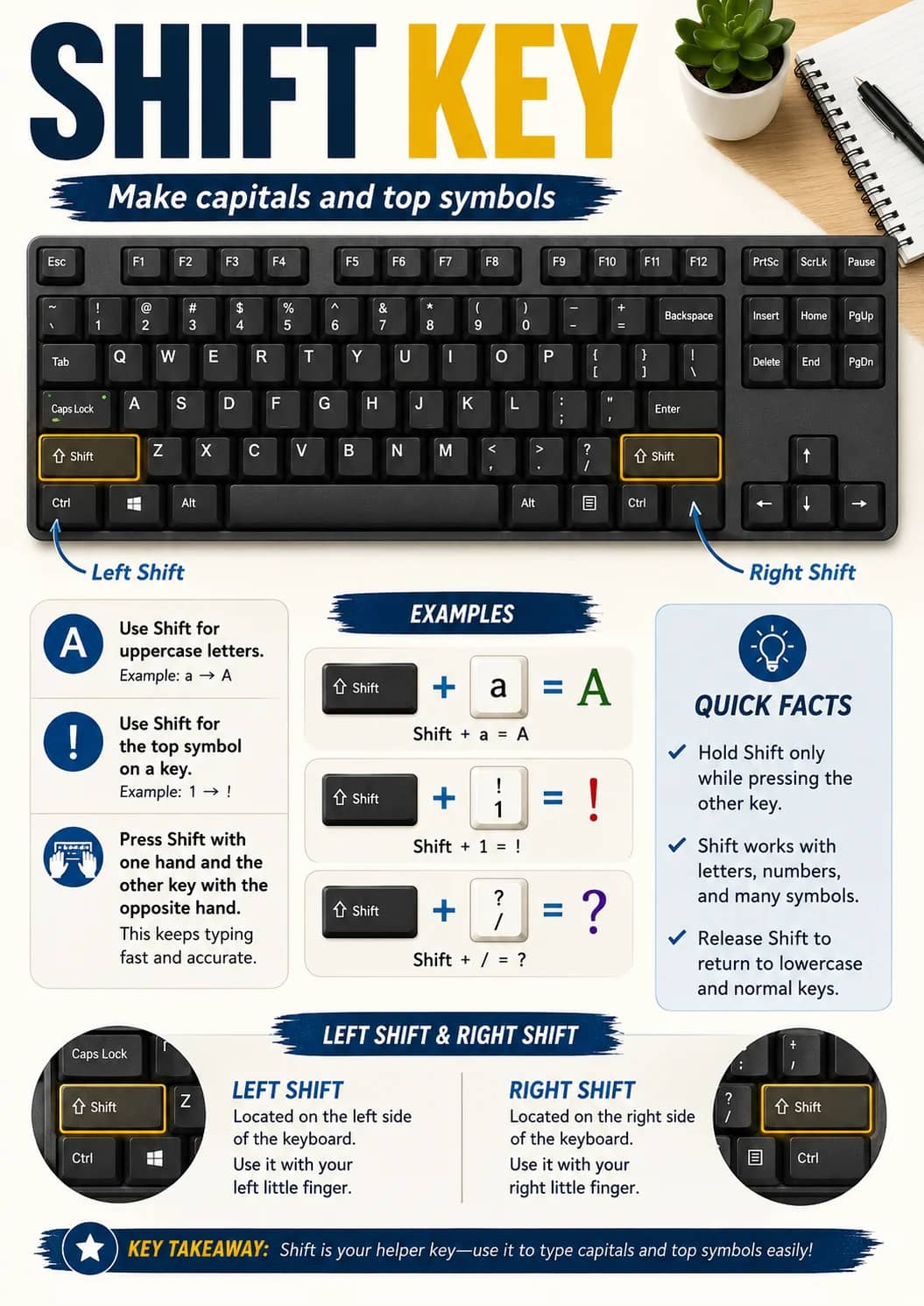Shift Key infographic poster showing Make capitals and top symbols, Left Shift, Right Shift, Use Shift for uppercase letters. and Example:...