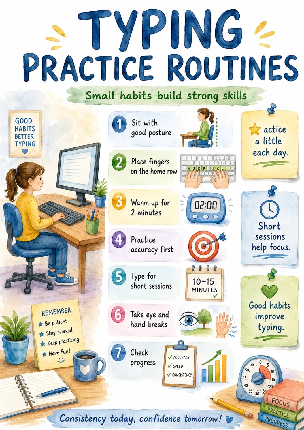 Typing infographic poster showing PRACTICE ROUTINES, Small habits build strong skills, REMEMBER:, - ★ Be patient and - ★ Stay relaxed for...