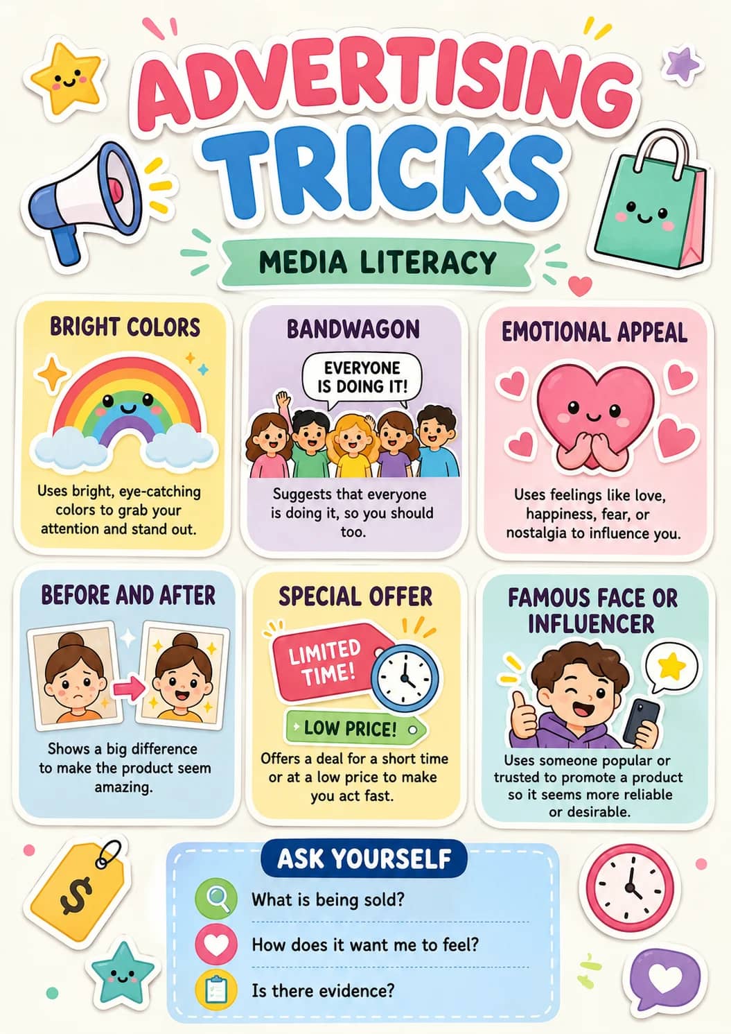 Advertising tricks infographic poster showing BRIGHT COLORS, Uses bright, eye-catching colors to grab your attention and stand out.,...