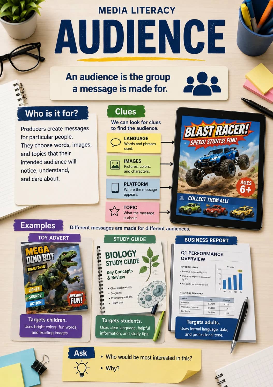 Audience infographic poster showing An audience is the group a message is made for., Who is it for?, Clues, We can look for clues to find...