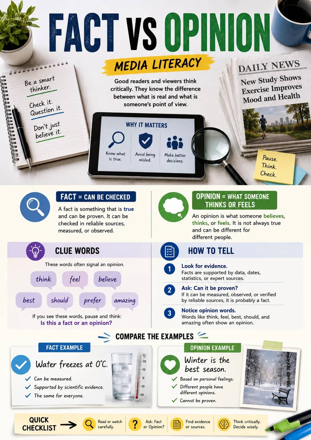 Fact Vs Opinion infographic poster showing Be a smart thinker., Check it., Question it., Don't just believe it. and DAILY NEWS for Media...