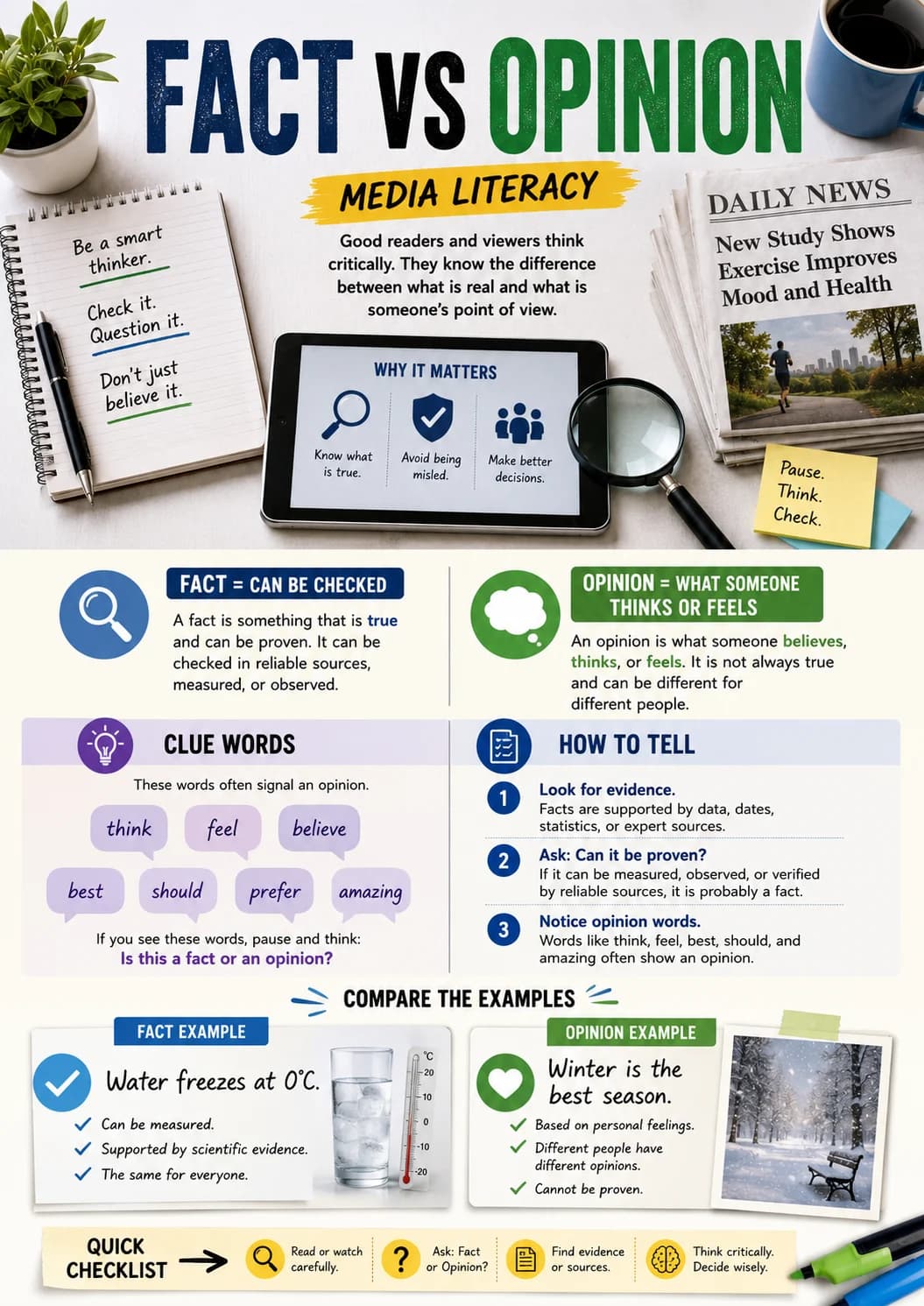 Fact Vs Opinion infographic poster with clear labels for Media Literacy.