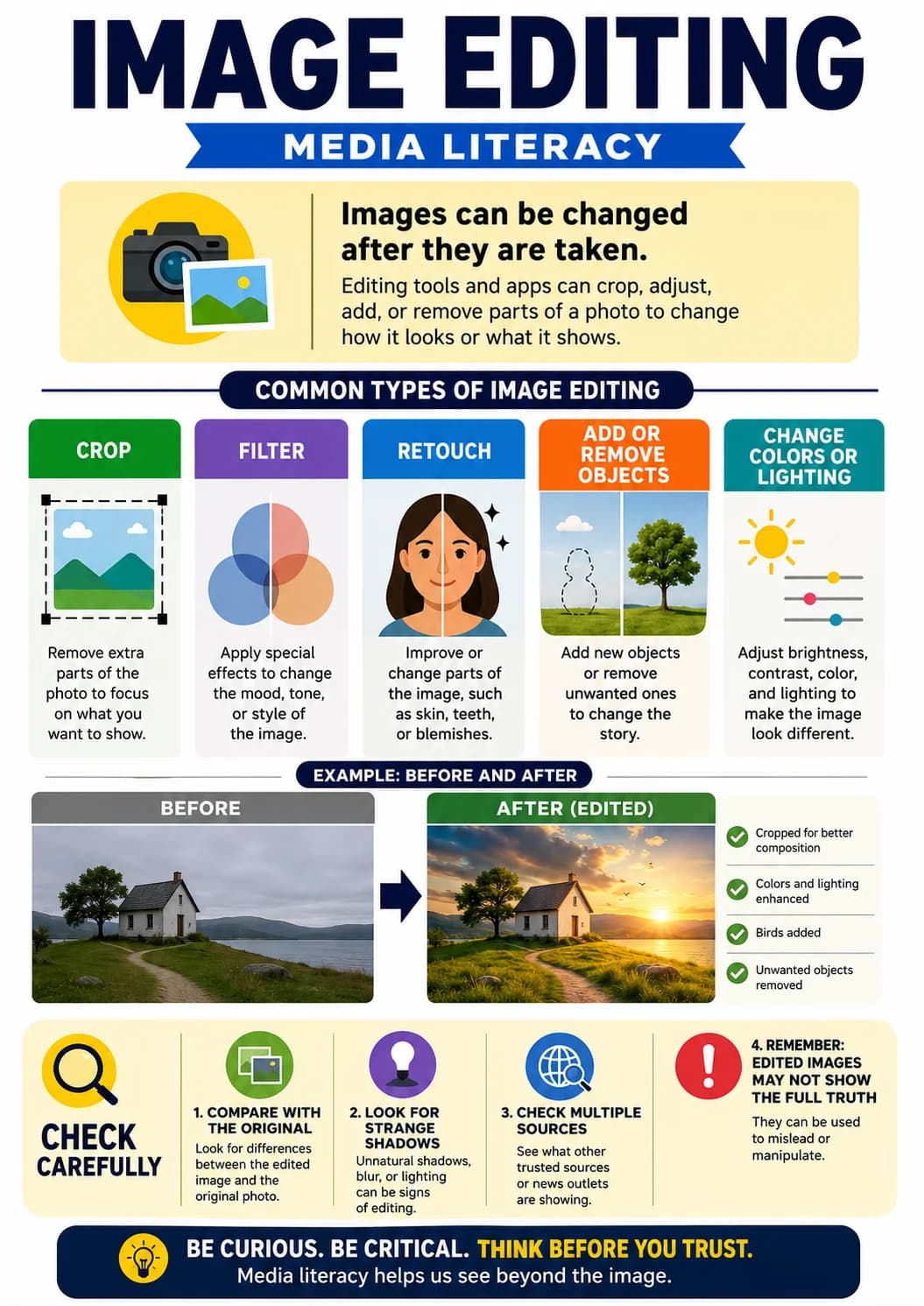 Image Editing infographic poster with clear labels for Media Literacy.