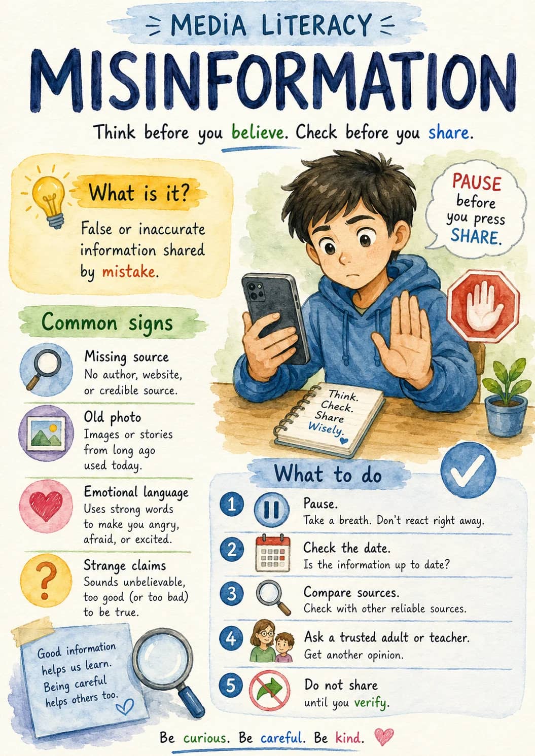 Media Literacy infographic poster showing MISINFORMATION, Think before you believe. Check before you share., What is it?, False or...