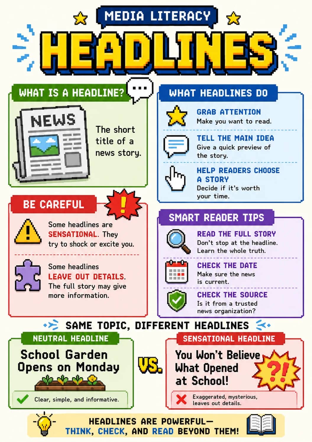Media Literacy infographic poster showing HEADLINES, WHAT IS A HEADLINE?, The short title of a news story., BE CAREFUL and Some headlines...