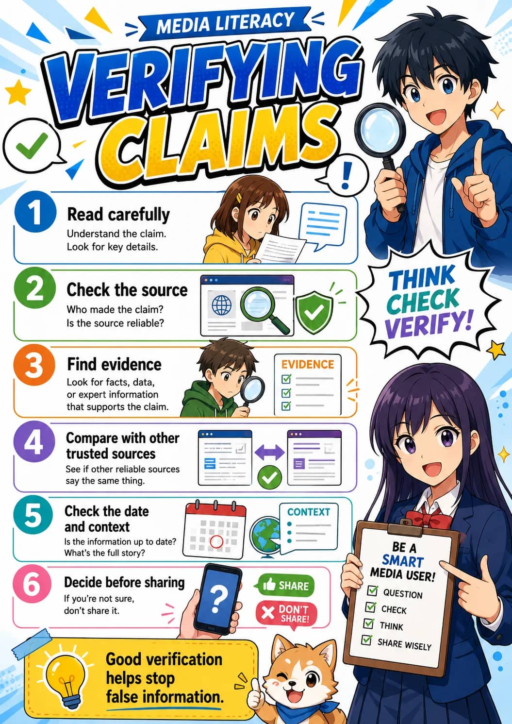 Media Literacy infographic poster showing VERIFYING CLAIMS!, 1 Read carefully, Understand the claim., Look for key details. and 2 Check...
