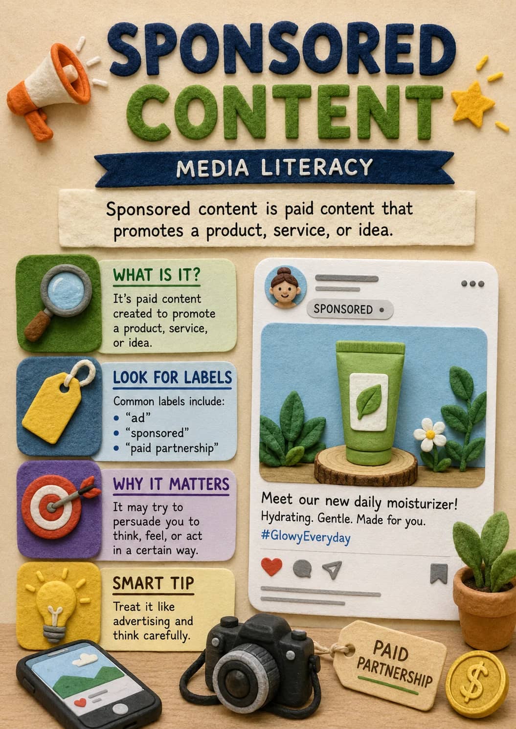 Sponsored Content infographic poster showing Sponsored content is paid content that promotes a product, service, or idea., WHAT IS IT?,...