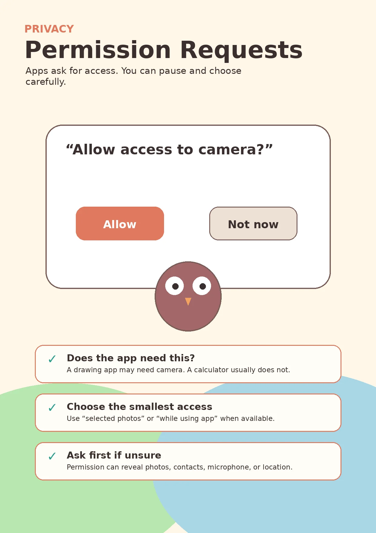 Privacy infographic poster showing Permission Requests, Apps ask for access. You can pause and choose carefully., “Allow access to...