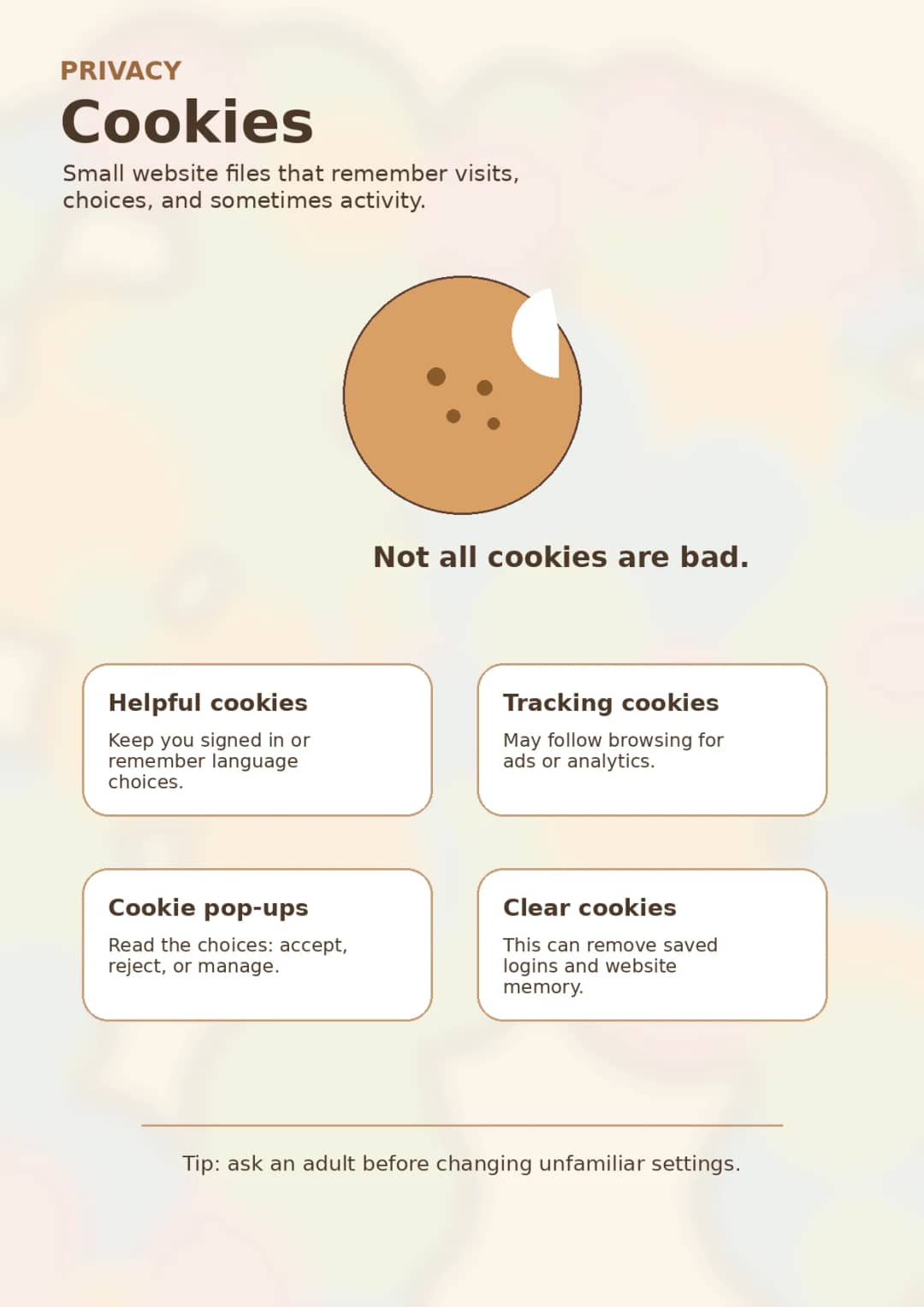Privacy infographic poster showing Cookies, Small website files that remember visits, choices, and sometimes activity., Not all cookies...
