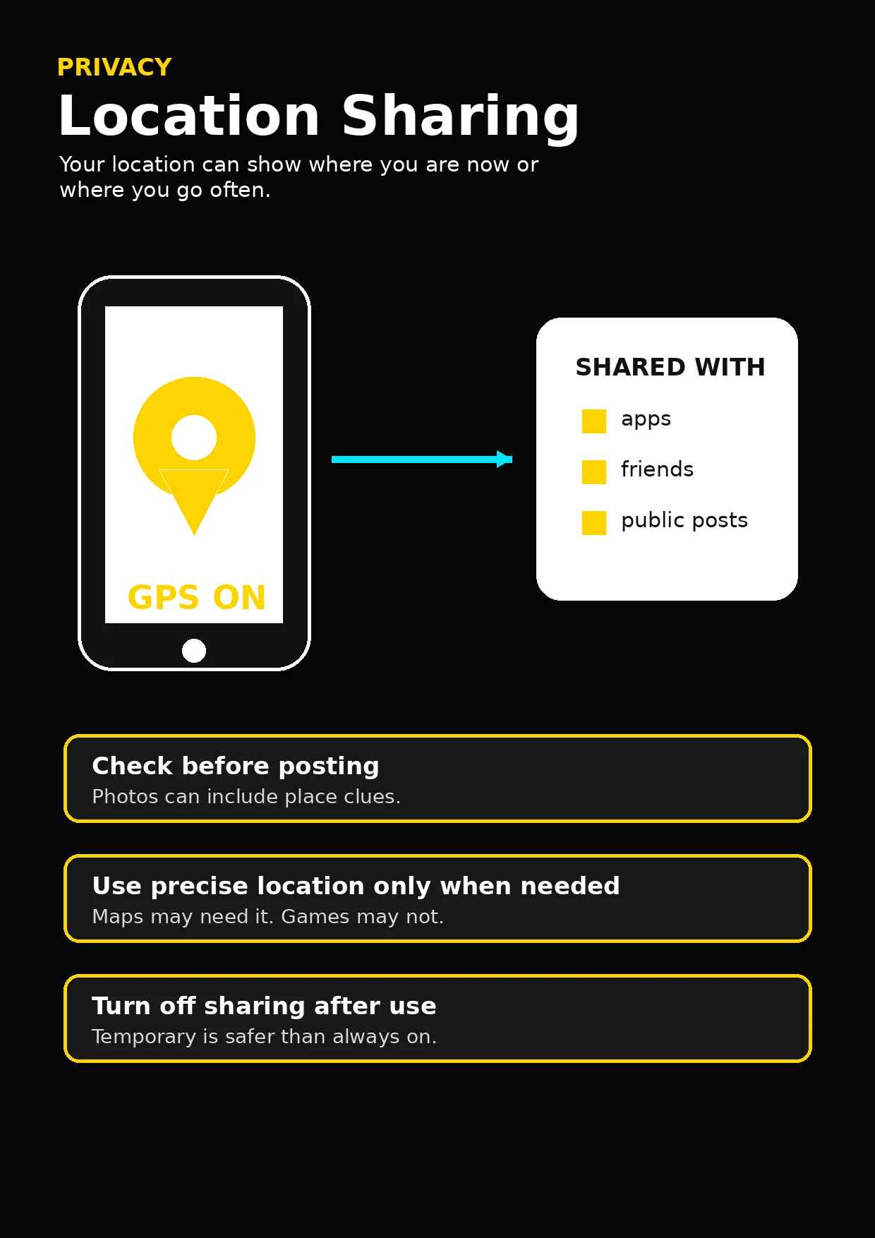 Privacy infographic poster showing Location Sharing, Your location can show where you are now or where you go often., Check before...