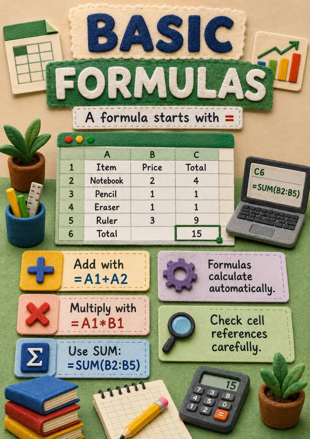Basic infographic poster showing FORMULAS, A formula starts with =, A B C, --- --- --- --- and 1 Item Price Total for Spreadsheets and Data.