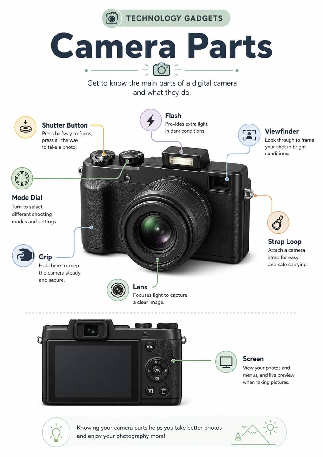 Camera parts infographic poster showing Get to know the main parts of a digital camera and what they do., Screen and View your photos and...