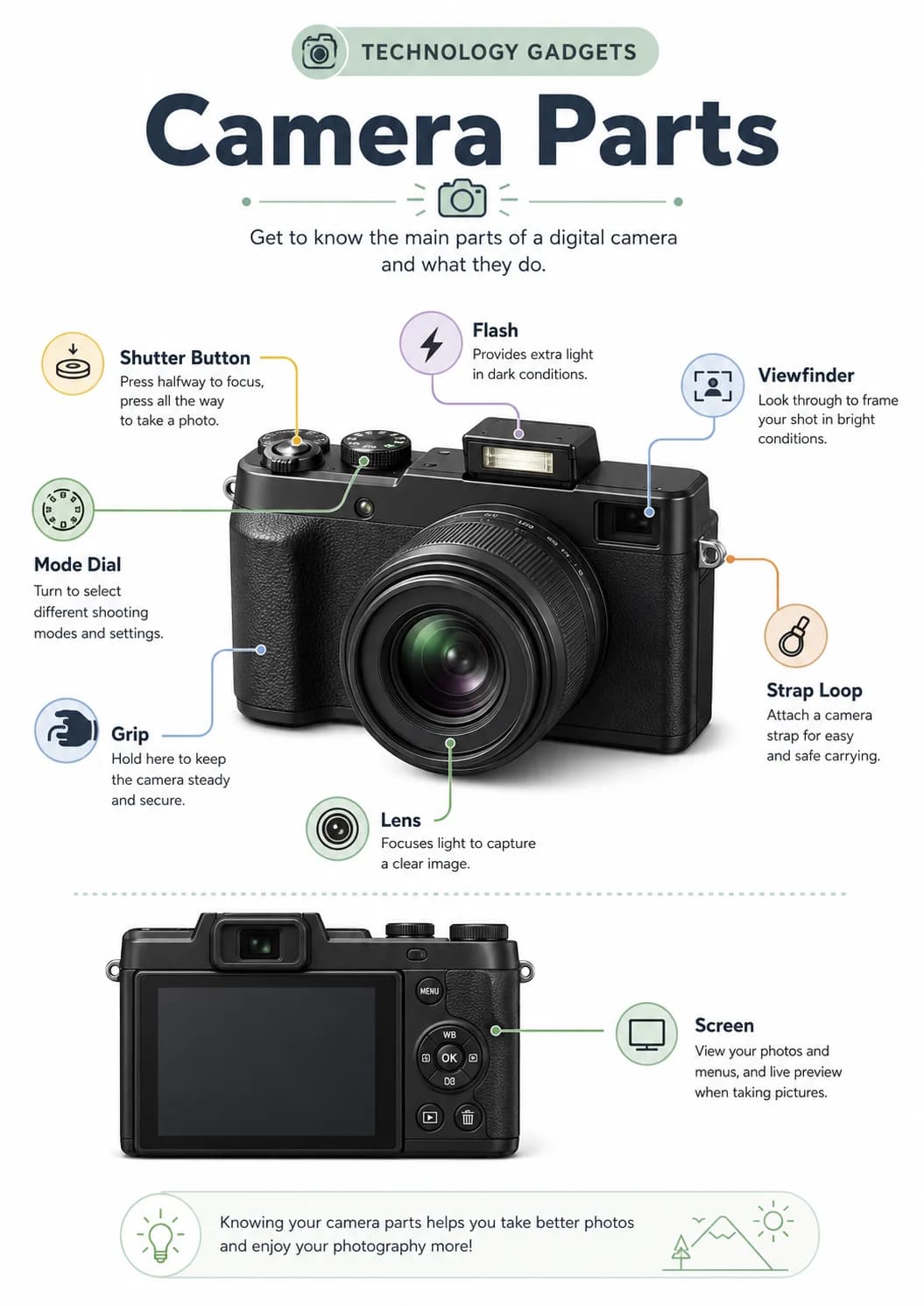 Camera parts infographic poster showing Get to know the main parts of a digital camera and what they do., Screen and View your photos and...