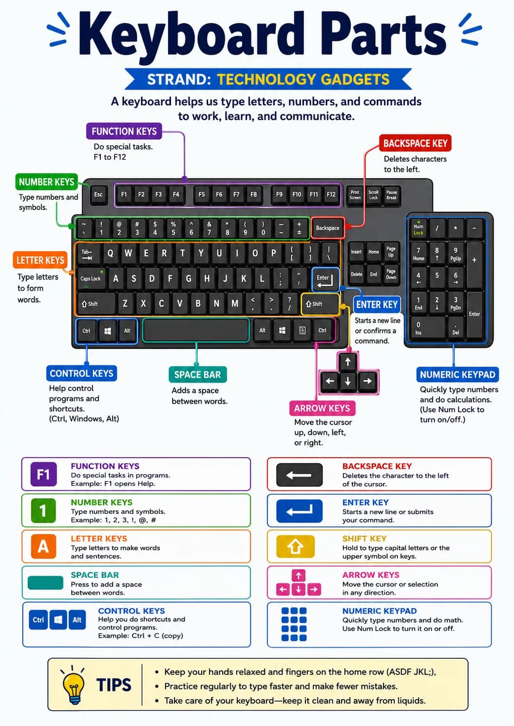 Keyboard Parts infographic poster showing STRAND: TECHNOLOGY GADGETS, F1, FUNCTION KEYS, Do special tasks in programs. and Example: F1...