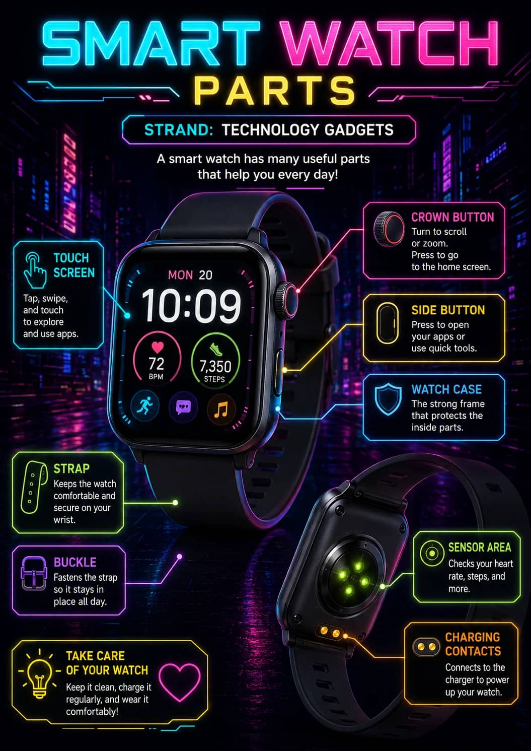Smart Watch infographic poster showing STRAND: TECHNOLOGY GADGETS, A smart watch has many useful parts that help you every day!, TOUCH...