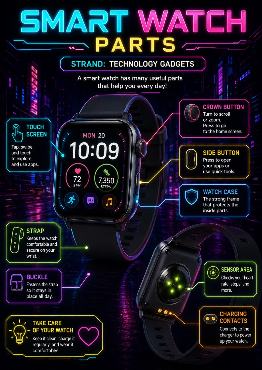 Smart Watch infographic poster showing STRAND: TECHNOLOGY GADGETS, A smart watch has many useful parts that help you every day!, TOUCH...